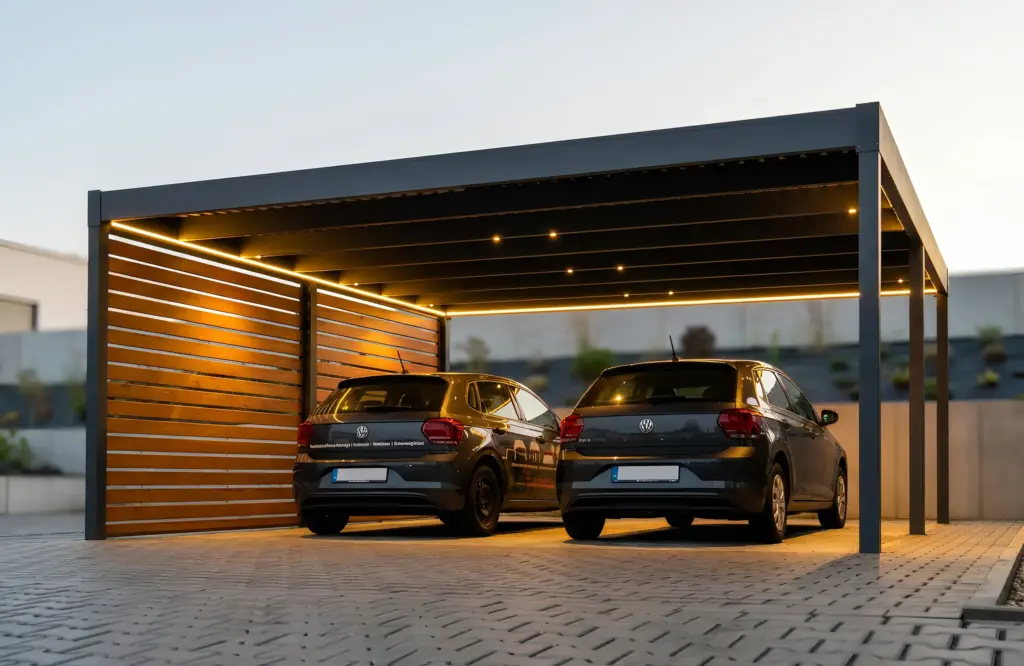Zwei PKWs unter einem modernen Carport mit intergrierter LED-Beleuchtung. Carport nach Maß.